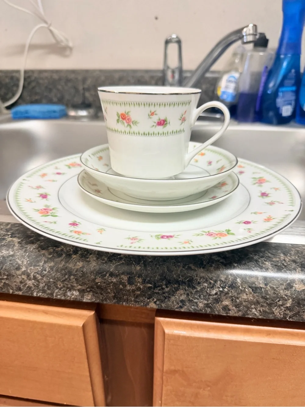 White and Pink Dinnerware Set of 8 Elegant Tea Cup & Plates CANT SHIP.